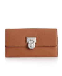 Get a lock on refined style. This wallet by MICHAEL Michael Kors features a custom logo rhodium padlock detail on a sleek leather body. Get a lock on refined style. This wallet by MICHAEL Michael Kors features a custom logo rhodium padlock detail on a sleek leather body.