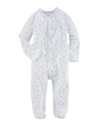 An adorable long-sleeved footed coverall in breathable cotton mesh is mercerized for a lustrous sheen. An adorable long-sleeved footed coverall in breathable cotton mesh is mercerized for a lustrous sheen.