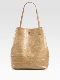 Luxurious crocodile embossed leather accented with a logo emblem; perfect for all your daily essentials.Double top handles, 9 dropMagnetic snap closure with center buckle strapOne inside zip pocketTwo inside open pocketsCotton lining12½W X 14H X 7DImported Luxurious crocodile embossed leather accented with a logo emblem; perfect for all your daily essentials.Double top handles, 9 dropMagnetic snap closure with center buckle strapOne inside zip pocketTwo inside open pocketsCotton lining12½W X 14H X 7DImported