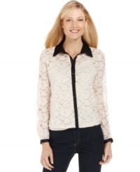 Look pretty in lace in NY Collection's petite utility shirt! Pair with slim pants for a stylish work ensemble. Look pretty in lace in NY Collection's petite utility shirt! Pair with slim pants for a stylish work ensemble.