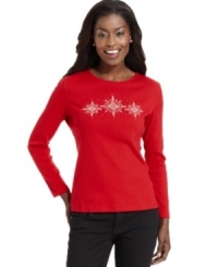 Karen Scott's petite top is perfect for the holiday season! Rhinestones and embroidery create charming snowflakes across the chest. Karen Scott's petite top is perfect for the holiday season! Rhinestones and embroidery create charming snowflakes across the chest.