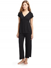 THE LOOKV-neckRuched detail at bustCropped pants have drawstring waistTHE FITTop: about 25 from shoulder to hemPants: rise, about 9; inseam, about 24THE MATERIALModal/spandexCARE & ORIGINMachine washImportedModel shown is 5'10 (177cm) wearing US size Small. THE LOOKV-neckRuched detail at bustCropped pants have drawstring waistTHE FITTop: about 25 from shoulder to hemPants: rise, about 9; inseam, about 24THE MATERIALModal/spandexCARE & ORIGINMachine washImportedModel shown is 5'10 (177cm) wearing US size Small.