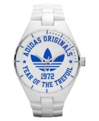 40 years of fresh fashion: this sleek watch in white and blue commemorates the anniversary of adidas' iconic trefoil logo. 40 years of fresh fashion: this sleek watch in white and blue commemorates the anniversary of adidas' iconic trefoil logo.