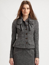 Luxurious tweed jersey in a structural, ladylike silhouette, embellished with a dramatic bow at the neck.Stand bow collar with hook-and-eye closuresButton frontFlap pocketsBack ventsFully linedAbout 23 from shoulder to hem72% wool/10% nylon/18% acrylicDry cleanMade in ItalyModel shown is 5'9 (175cm) wearing US size 4. Luxurious tweed jersey in a structural, ladylike silhouette, embellished with a dramatic bow at the neck.Stand bow collar with hook-and-eye closuresButton frontFlap pocketsBack ventsFully linedAbout 23 from shoulder to hem72% wool/10% nylon/18% acrylicDry cleanMade in ItalyModel shown is 5'9 (175cm) wearing US size 4.