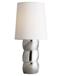 The gleam of polished metal and a bright white shade make the Libra lamp a bold stylemaker in modern settings. Featuring a chunky stacked base in Nambe's signature alloy. The gleam of polished metal and a bright white shade make the Libra lamp a bold stylemaker in modern settings. Featuring a chunky stacked base in Nambe's signature alloy.