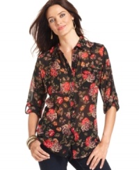 Work florals into your fall wardrobe with NY Collection's latest shirt. Work florals into your fall wardrobe with NY Collection's latest shirt.