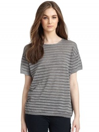 THE LOOKShort sleevesBanded, ribbed cuffs and hemSubtly metallic striped pattern throughoutTHE FITAbout 24½ from shoulder to hemTHE MATERIAL65% polyester/35% cottonCARE & ORIGINDry cleanImportedModel shown is 5'8½ (174cm) wearing US size Small. THE LOOKShort sleevesBanded, ribbed cuffs and hemSubtly metallic striped pattern throughoutTHE FITAbout 24½ from shoulder to hemTHE MATERIAL65% polyester/35% cottonCARE & ORIGINDry cleanImportedModel shown is 5'8½ (174cm) wearing US size Small.