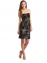 Sophisticated floral patterns take shape on this short, sequined piece with a contrast, crinkled inset and shirred detailing.Turtleneck Sleeveless Contrast crinkled inset with back snap closure Sequined floral body with shirred detail Side zip closure Back snaps on the sheer yoke Interior shelf bra About 36 from shoulder to hem Fully lined Polyester Dry clean Made in Italy Sophisticated floral patterns take shape on this short, sequined piece with a contrast, crinkled inset and shirred detailing.Turtleneck Sleeveless Contrast crinkled inset with back snap closure Sequined floral body with shirred detail Side zip closure Back snaps on the sheer yoke Interior shelf bra About 36 from shoulder to hem Fully lined Polyester Dry clean Made in Italy