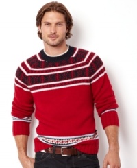 Handsome and bold is this fairisle stripe pattern sweater by Nautica. Handsome and bold is this fairisle stripe pattern sweater by Nautica.