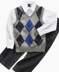 He'll look college-ready in this preppy argyle sweater vest, dress shirt and pants set by Nautica. He'll look college-ready in this preppy argyle sweater vest, dress shirt and pants set by Nautica.
