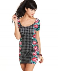 Rock mixed graphics for a look that's all about visual flair! Houndstooth print joins forces with colorful florals on this super-cute bodycon dress from Material Girl. Rock mixed graphics for a look that's all about visual flair! Houndstooth print joins forces with colorful florals on this super-cute bodycon dress from Material Girl.