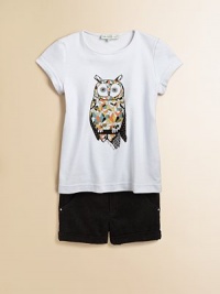 Wise and wondrous, a kaleidoscopic owl is brightly printed on the front of a shapely tee.Scoop neckline with narrow banded trimShort sleevesSubtle shaping through the waistPlain backCottonHand washImported Wise and wondrous, a kaleidoscopic owl is brightly printed on the front of a shapely tee.Scoop neckline with narrow banded trimShort sleevesSubtle shaping through the waistPlain backCottonHand washImported