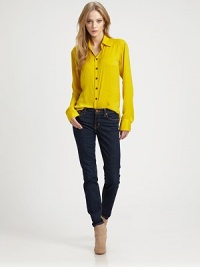 The classic button-down updated with feminine tailoring in breezy poly-charmeuse.Point collarButton frontSlightly gathered sleevesShirttail hemAbout 25¾ from shoulder to hemPolyesterDry cleanMade in USA of imported fabricModel shown is 5'10 (178cm) wearing US size Small. The classic button-down updated with feminine tailoring in breezy poly-charmeuse.Point collarButton frontSlightly gathered sleevesShirttail hemAbout 25¾ from shoulder to hemPolyesterDry cleanMade in USA of imported fabricModel shown is 5'10 (178cm) wearing US size Small.