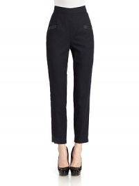 THE LOOKRichly textured, lightweight weaveSmooth waistbandFront and back dartsSide zip closureFront welt pockets with leather trimBack besom pocketsStraight leg with self inner knee patchesTHE FITRise, about 10Inseam, about 28THE MATERIALPolyesterLeather trimCARE & ORIGINDry cleanImportedModel shown is 5'10 (177cm) wearing US size 4. THE LOOKRichly textured, lightweight weaveSmooth waistbandFront and back dartsSide zip closureFront welt pockets with leather trimBack besom pocketsStraight leg with self inner knee patchesTHE FITRise, about 10Inseam, about 28THE MATERIALPolyesterLeather trimCARE & ORIGINDry cleanImportedModel shown is 5'10 (177cm) wearing US size 4.