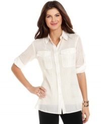Ellen Tracy's easy blouse shines, thanks to a metallic dotted print. Pair it with jeans for a casual-chic weekend vibe. Ellen Tracy's easy blouse shines, thanks to a metallic dotted print. Pair it with jeans for a casual-chic weekend vibe.