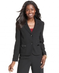 Better than basic, Kasper's two-button blazer features buckle details on the pockets for a touch of charm amidst classic tailoring. Better than basic, Kasper's two-button blazer features buckle details on the pockets for a touch of charm amidst classic tailoring.