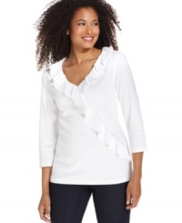 Made from lightweight cotton, Karen Scott's ruffled top is a breezy way to stay stylish on casual days. Try it with jeans or khakis! Made from lightweight cotton, Karen Scott's ruffled top is a breezy way to stay stylish on casual days. Try it with jeans or khakis!