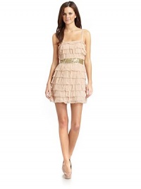 THE LOOKTiers of crinkled chiffon ruffles alloverChiffon shoulder strapsSequined waistbandSide zipper with hook-and-eye closureTHE FITAbout 32 from shoulder to hemTHE MATERIALViscose rayonCotton liningCARE & ORIGINDry cleanImportedModel shown is 5'10 (177cm) wearing US size 4. THE LOOKTiers of crinkled chiffon ruffles alloverChiffon shoulder strapsSequined waistbandSide zipper with hook-and-eye closureTHE FITAbout 32 from shoulder to hemTHE MATERIALViscose rayonCotton liningCARE & ORIGINDry cleanImportedModel shown is 5'10 (177cm) wearing US size 4.
