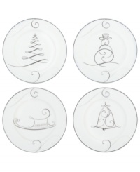 A festive play on the Platinum Wave dinnerware pattern, these Noritake appetizer plates feature four whimsical holiday motifs on white porcelain. A festive play on the Platinum Wave dinnerware pattern, these Noritake appetizer plates feature four whimsical holiday motifs on white porcelain.