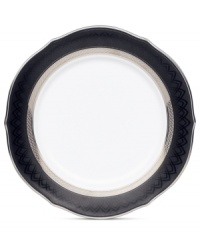 An instant classic, the Austin Platinum accent plate from Noritake layers patterned black and platinum bands with shimmering dots in white fine china. A scalloped edge adds a charming antique touch. An instant classic, the Austin Platinum accent plate from Noritake layers patterned black and platinum bands with shimmering dots in white fine china. A scalloped edge adds a charming antique touch.
