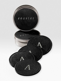 Simple yet refined, these entertaining essentials are made of French calfskin with protective, non-skid backing. Set arrives in a tin canister with leather top Perfect gift idea 4 diameter Made in USAFOR PERSONALIZATIONSelect a color and quantity, then scroll down and click on PERSONALIZE & ADD TO BAG to choose and preview your personalization options. Please allow 1 week for delivery. Simple yet refined, these entertaining essentials are made of French calfskin with protective, non-skid backing. Set arrives in a tin canister with leather top Perfect gift idea 4 diameter Made in USAFOR PERSONALIZATIONSelect a color and quantity, then scroll down and click on PERSONALIZE & ADD TO BAG to choose and preview your personalization options. Please allow 1 week for delivery.