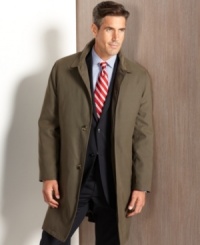 London Fog updates the classic, macintosh-style rain coat with a water-sheddding polyester-blend shell and a removable, cold-weather lining. London Fog updates the classic, macintosh-style rain coat with a water-sheddding polyester-blend shell and a removable, cold-weather lining.