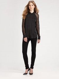 Long lace sleeves and a hidden button front lend a lavish touch to this lightweight silk staple. Point collarHidden button frontLong lace sleevesButtoned cuffsLonger length hits below the hipsSilkDry cleanImportedModel shown is 5'10 (177cm) wearing US size Small. Long lace sleeves and a hidden button front lend a lavish touch to this lightweight silk staple. Point collarHidden button frontLong lace sleevesButtoned cuffsLonger length hits below the hipsSilkDry cleanImportedModel shown is 5'10 (177cm) wearing US size Small.