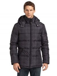 THE LOOKStand collarRemovable hood with snap throat tabZip frontZip slash pocketsKnit storm cuffsElbow patch detailSubtle, allover plaid patternTHE FITAbout 27 from shoulder to hemTHE MATERIALShell: 90% polyester/10% woolFill: 80/20 duck downFully linedCARE & ORIGINDry clean Imported THE LOOKStand collarRemovable hood with snap throat tabZip frontZip slash pocketsKnit storm cuffsElbow patch detailSubtle, allover plaid patternTHE FITAbout 27 from shoulder to hemTHE MATERIALShell: 90% polyester/10% woolFill: 80/20 duck downFully linedCARE & ORIGINDry clean Imported