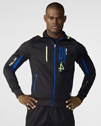 Sporty, lightweight and styled with bold race-inspired details, this modern full-zip jacket hits the track with all the functions needed for high performance. Sporty, lightweight and styled with bold race-inspired details, this modern full-zip jacket hits the track with all the functions needed for high performance.