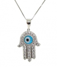 Sterling Silver 925 Clear CZ Evil Eye HAMSA Pendant Necklace with Chain