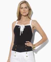 Lauren by Ralph Lauren's classic layering tank is rendered in soft stretch cotton and finished with a nautical-inspired laced placket. Lauren by Ralph Lauren's classic layering tank is rendered in soft stretch cotton and finished with a nautical-inspired laced placket.