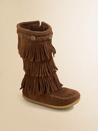 Your little trendsetter must-have these fashion-forward boots in plush suede with three layers of groovy fringe.Zip-upSuede upperRubber solePadded insoleImported