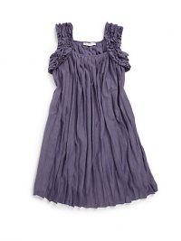 THE LOOKRuffle appliqués adorn the shoulder strapsAllover accordion pleatsA-line shapeTHE MATERIAL65% polyester/35% viscose rayonCARE & ORIGINHand washImported THE LOOKRuffle appliqués adorn the shoulder strapsAllover accordion pleatsA-line shapeTHE MATERIAL65% polyester/35% viscose rayonCARE & ORIGINHand washImported