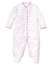 Crafted in soft pima cotton, this footie has an allover heart print, snap closure and bold pink trim. Crafted in soft pima cotton, this footie has an allover heart print, snap closure and bold pink trim.