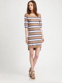Lightweight cotton featuring a reverse stripe knit in a straight-line sheath.BoatneckDropped shouldersShort sleevesRibbed trimHem longer in backPullover styleAbout 22 from natural waistCottonDry cleanImportedModel shown is 5'10 (177cm) wearing US size Small. Lightweight cotton featuring a reverse stripe knit in a straight-line sheath.BoatneckDropped shouldersShort sleevesRibbed trimHem longer in backPullover styleAbout 22 from natural waistCottonDry cleanImportedModel shown is 5'10 (177cm) wearing US size Small.
