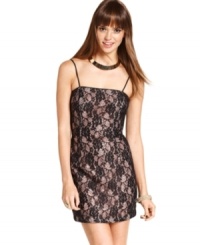 Lace du jour: rock the season's favorite fabric with this pretty party dress from Roberta! Features spaghetti straps and a sleek, curve-hugging fit. Lace du jour: rock the season's favorite fabric with this pretty party dress from Roberta! Features spaghetti straps and a sleek, curve-hugging fit.
