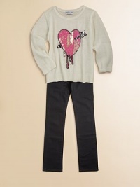 She'll fall head-over-heels in love with this charming knit featuring a sequined heart detail.CrewneckLong sleevesPullover styleRibbed cuffs and hem54% acrylic/36% nylon/10% nylonHand wash or machine washImported She'll fall head-over-heels in love with this charming knit featuring a sequined heart detail.CrewneckLong sleevesPullover styleRibbed cuffs and hem54% acrylic/36% nylon/10% nylonHand wash or machine washImported