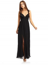 THE LOOKV-neckBack zip closureRuffled flutter strapsPleated designEmpire waistDouble side slitsTHE FITAbout 60 from bust to hemTHE MATERIALPolyesterFully linedCARE & ORIGINDry cleanImported THE LOOKV-neckBack zip closureRuffled flutter strapsPleated designEmpire waistDouble side slitsTHE FITAbout 60 from bust to hemTHE MATERIALPolyesterFully linedCARE & ORIGINDry cleanImported