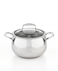 Soup weather? Prep quick, dish it out & clean up easily with this stainless steel dishwasher-safe kitchen essential. With an aluminum encapsulated impact-bonded base, this pot heats up fast & evenly with a bell-shaped body that enhances moisture circulation for tender, flavor-rich results. Limited lifetime warranty. Soup weather? Prep quick, dish it out & clean up easily with this stainless steel dishwasher-safe kitchen essential. With an aluminum encapsulated impact-bonded base, this pot heats up fast & evenly with a bell-shaped body that enhances moisture circulation for tender, flavor-rich results. Limited lifetime warranty.