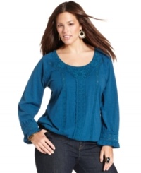 Lend a feminine feel to your casual wear with Lucky Brand Jeans' long sleeve plus size top, beautifully accented by crochet and lace trim. Lend a feminine feel to your casual wear with Lucky Brand Jeans' long sleeve plus size top, beautifully accented by crochet and lace trim.