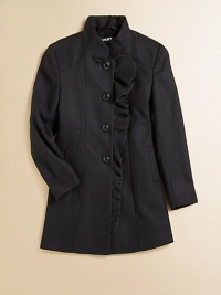 Frilly, ruffled front trim gives this single-breasted peacoat design a chic girlish look.Stand collarFront button closureTonal seamsDual seam pocketsPolyester/rayon/spandexFully linedMachine washImported