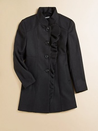 Frilly, ruffled front trim gives this single-breasted peacoat design a chic girlish look.Stand collarFront button closureTonal seamsDual seam pocketsPolyester/rayon/spandexFully linedMachine washImported Frilly, ruffled front trim gives this single-breasted peacoat design a chic girlish look.Stand collarFront button closureTonal seamsDual seam pocketsPolyester/rayon/spandexFully linedMachine washImported