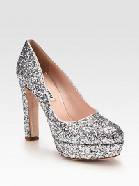 Platform silhouette of glittered leather with an ultra-high heel and metallic trim. Self-covered heel, 4½ (115mm)Covered platform, 1 (25mm)Compares to a 3½ heel (90mm)Glittered leather upper with metallic leather trimLeather lining and solePadded insoleMade in ItalyOUR FIT MODEL RECOMMENDS ordering one size up as this style runs small. Platform silhouette of glittered leather with an ultra-high heel and metallic trim. Self-covered heel, 4½ (115mm)Covered platform, 1 (25mm)Compares to a 3½ heel (90mm)Glittered leather upper with metallic leather trimLeather lining and solePadded insoleMade in ItalyOUR FIT MODEL RECOMMENDS ordering one size up as this style runs small.