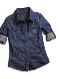 GUESS Kids Girls Big Girl Rolled Sleeves Denim Shirt, DARK STONE WASH (7/8) GUESS Kids Girls Big Girl Rolled Sleeves Denim Shirt, DARK STONE WASH (7/8)