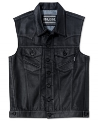 For the cowboy who spends his days riding the wild waves: A coated-denim vest from Ring of Fire with western-style yoke and chest pockets. For the cowboy who spends his days riding the wild waves: A coated-denim vest from Ring of Fire with western-style yoke and chest pockets.