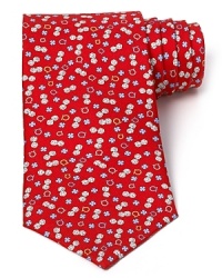 Pairs of dice roll between clovers and logos on this resplendent silk tie from Salvatore Ferragamo for a whimsical touch of luck and luxury. Pairs of dice roll between clovers and logos on this resplendent silk tie from Salvatore Ferragamo for a whimsical touch of luck and luxury.