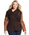 Lend a luxurious feel to your fall looks with Jones New York Signature's plus size jacket, accented by leather detail.