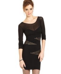 Own the room in this fierce studded dress from Material Girl! Knit fabric combined with mesh adds texture and style to your look. Own the room in this fierce studded dress from Material Girl! Knit fabric combined with mesh adds texture and style to your look.
