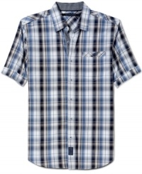 Sean John gives a down-home pattern a big-city update in this short-sleeved checked sports shirt. Sean John gives a down-home pattern a big-city update in this short-sleeved checked sports shirt.