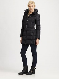 Thanks to a removable hood, this belted goose-down coat offers sleek style and versatility of wear. Removable hoodDouble zipperZipper pocketsBelted silhouetteAbout 32 from shoulder to hemNylonFill: goose down feathersDry cleanImported Model shown is 5'10 (177cm) wearing US size 4. Thanks to a removable hood, this belted goose-down coat offers sleek style and versatility of wear. Removable hoodDouble zipperZipper pocketsBelted silhouetteAbout 32 from shoulder to hemNylonFill: goose down feathersDry cleanImported Model shown is 5'10 (177cm) wearing US size 4.